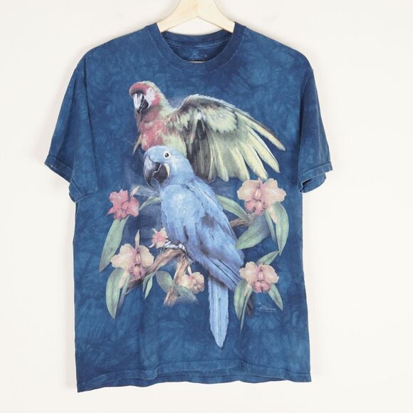 The Mountain Blue Tie Dye Parrot Bird Print Short Sleeve Shirt Sz M - Picture 1 of 6